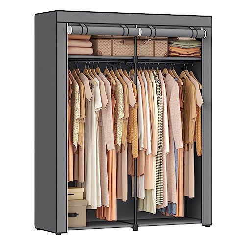 SONGMICS Armadio, Guardaroba Porta Abiti per Camera da Letto con 2 Barre Appendiabiti, Armadio Portatile in Tessuto, Pieghevole, per Armadio, 140 x 43 x 174 cm, Grigio RYG02GY