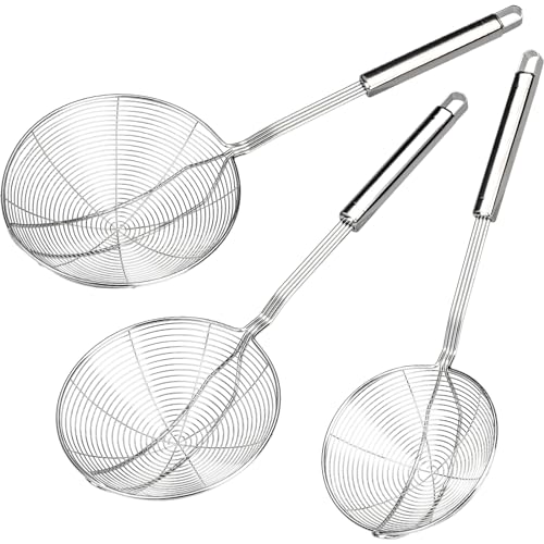 HATANSE 3 Pezzi Schiumarola in Acciaio Inox 17.5 15.5 13.5 cm Ragno Cucina Colino Fritto con Maniglia per Cucinare, Friggere