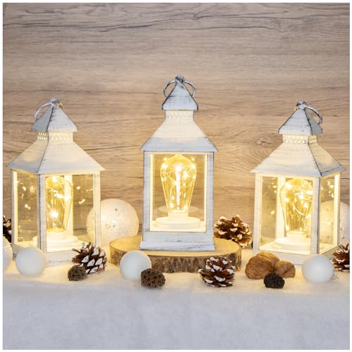 com-four® Lanterna LED 3X con Funzione Timer - Illuminazione a LED per Natale - Lanterna elettrica a Batteria - Luce d'atmosfera Come Decorazione Natalizia (03 Pezzi - Bianco/Nero)