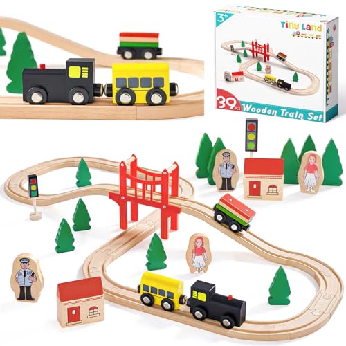 Tiny Land Pista Treno in Legno, Set Ferrovia in Legno (39 pcs) Pista Macchinine giochi legno bambini trenino natale