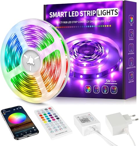 Beaeet Striscia Led 5 Metri, Led Striscia Comandabile Tramite app E telecomando,Strisce Led Sincronizzazione Musicale,per Decorazioni Casa, Bar, Festa