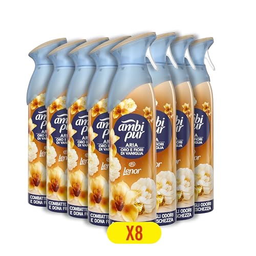 Ambi Pur Deodorante Ambiente Spray, Confezione da 8 Deodoranti, Fragranza Orchidea Dorata, Propellente Naturale Al 100% E Combatte Gli Odori In Qualsiasi Stanza Della Casa