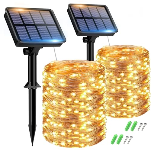 btfarm 2 Pacchi Luci Solari Esterno, 15+2M 150LED Catena Luminosa Esterno Solare, 8 Modalità Impermeabili Filo di Rame Led Lucine Esterno Energia Solare Decorative Per Giardino Albero Patio Natale