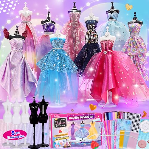 800+ Pezzi – Kit Di Design Di Moda Per Ragazze con 5 Manichini, Kit Per Arte e Artigianato Creativi, Kit Da Cucito Per Bambini, Regalo di Compleanno per Bambine, 6 7 8 9 10 11 12+ anni