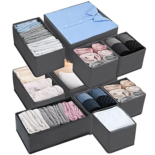 NINGESHOP 10 Pezzi Organizer Armadio Scatola Non Tessuto, Pieghevole, Divisori per Cassetti per Biancheria Intima, t-Shirt, Calzini, Cravatte (Grigio)