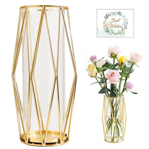 SAMISO vaso decorativo da interno con Supporto Metallico Geometrico,Vaso di Fiori in Vetro,Vaso Geometrica,Vaso in Metallo Geometrico,Vaso Trasparente da 27 cm per Tavolo Casa Bagno Soggiorno Ufficio