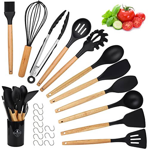 Utensili Cucina Set, hicoosee 22 Pezzi Senza BPA Mestoli Cucina Silicone con Manico in Legno Antiaderenti da Cucina Strumento di Cottura Termoresistenti con 10 S Ganci, Nero