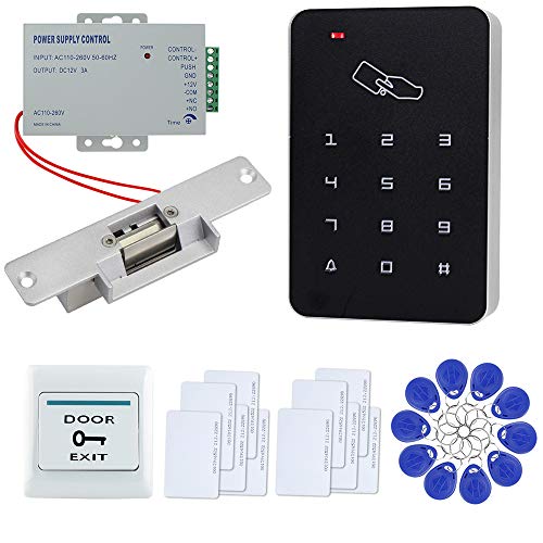 FTSTech Kit di Sicurezza per Porta con Controllo di Accesso Completo con Tastiera da 125 KHz,Serratura Elettrica + Alimentatore,Pulsante di Uscita,10 Portachiavi e 10 Carte(NC kit di blocco elettrico)