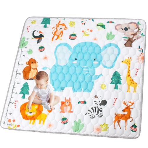 Funsland Tappeto Gioco Bambini, 127x127cm Tappeto Neonato Gattonamento, Pieghevole Morbido & Spessa Tappeto Tummy Time Neonati, Animale Tappeto Gioco Sensoriale Interattivo per Bambini 1 2 3 Anni