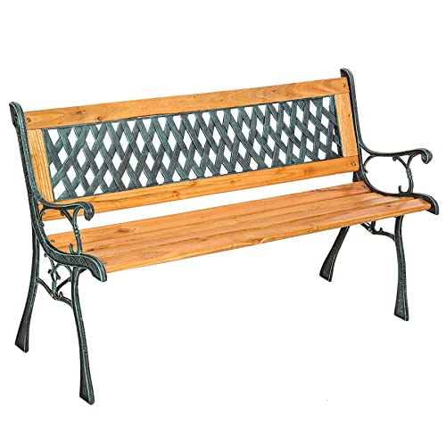 TecTake® Panca da Giardino in Legno e Ghisa, Panchina da Esterno 2 Posti, Panca con Schienale Intrecciato, Resistente alle Intemperie, 128 x 51 x 73 cm – Marrone