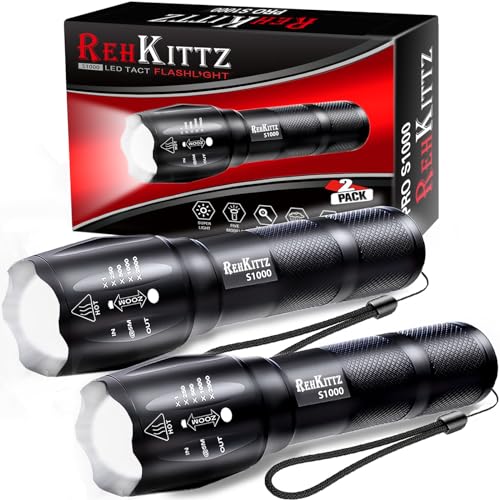 REHKITTZ Torcia Super Luminosa Portatile LED (Confezione da 2), 2000 Lumen Torcia Elettrica, Militare,Tattica,Impermeabile IP44 e 5 Modalità Di Illuminazione