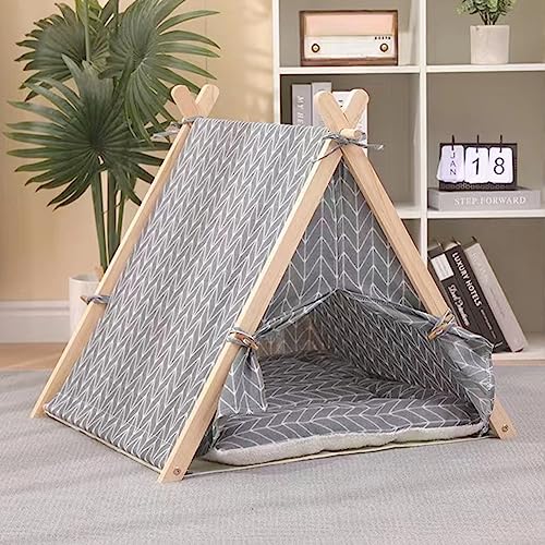 BAKAJI Tenda per Animali Domestici, Cuccia per Cani e Gatti con Telaio in Legno Resistente e Copertura in Tela Traspirante, Casetta Comoda e Facile da Montare, Ideale per Interni ed Esterni (Grigio)