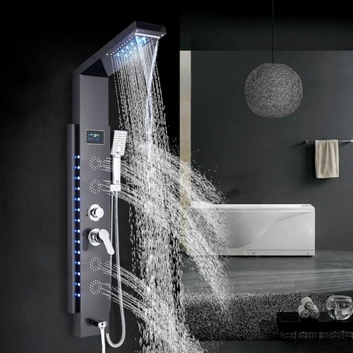 LED Colonna Doccia Idromassaggio Miscelatore per Vasca con 5 Funzioni Pannello Doccia Set in 304 Acciaio Inox Sistema Set Doccia con Soffione Fisso,Massaggi,Doccetta e Bocca Vasca,Nera