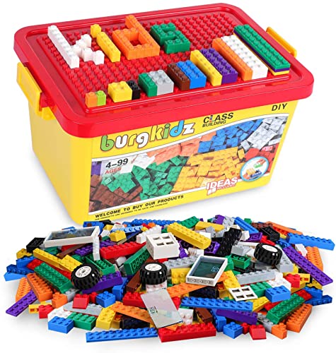 burgkidz Mattoni da Costruzione Set da 520 Pezzi, 500 Blocchi da Costruzione di Base in 17 Forme Include Ruote, Porta, Finestra, Blocco Sfuso con Scatola di immagazzinaggio Riutilizzabile