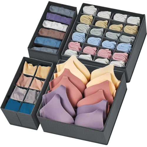 SURLIFE Organizer Cassetti Armadio, Set di 4 Organizzatori per Biancheria Intima Pieghevole, Divisori per Cassetti Salvaspazio, per Reggiseni, Mutande, Calzini, Cintura, Cravatta (GRIGIO SCURO)