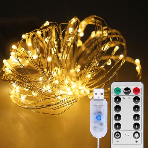 ILantule Luci Led USB, Led Stringa Luci, 10M 100LED USB Lucine Decorative,con Telecomando,8 Modalità,per Natale Interni e Esterni, Feste,Matrimonio,Giallo Caldo