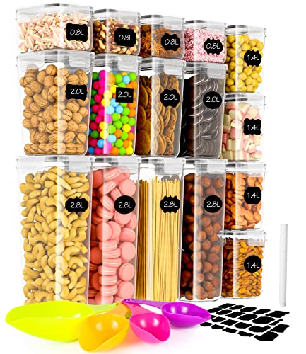 Set di Contenitori Alimentari per Cereali 16 Pezzi, Plastica con Coperchio 2.8L/2L/1.4L/0.8L per la Conservazione di Pasta, Muesli, Farina