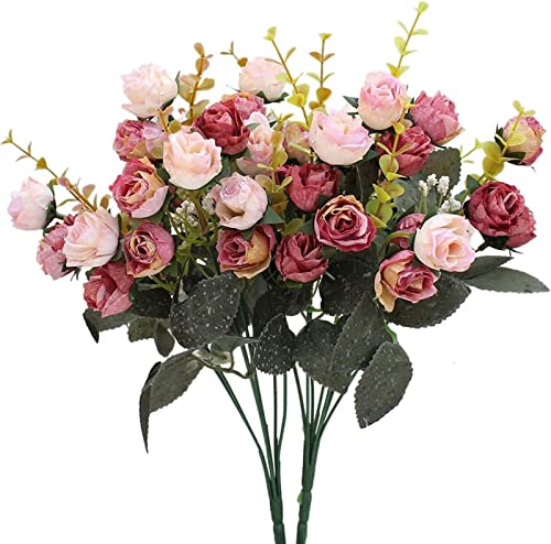 Doolitt Fiori Finti per Decorazioni, 21 Teste Di Foiri Artificiali, 2 Bouquets Fiori Artificiali per Decorazioni, Matrimoni E Abitazioni, Fiore Finto per Cimitero (Rosa)