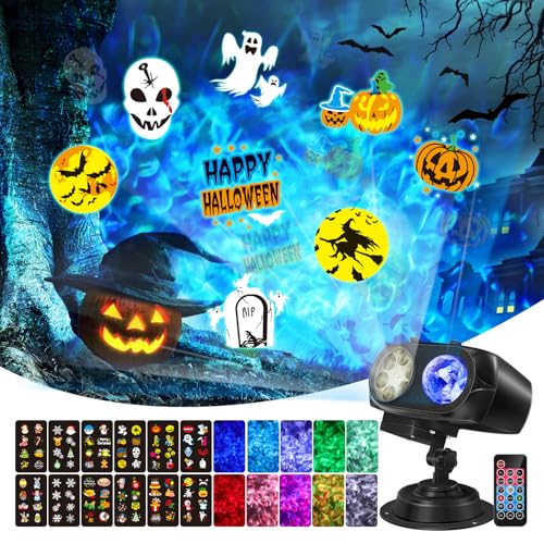 Proiettore LED festivo Luce d'atmosfera LED 2 in 1 per esterni natalizi con telecomando per Natale, Halloween, compleanno (set di 12 cartoline e 10 colori)