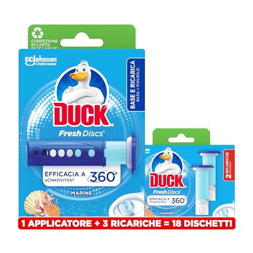 Duck Fresh Discs, Detergente Bagno con Applicatore, Dischi Gel Igienizzanti WC, Profumo Brezza Marina, Confezione con 1 Applicatore, 18 Dischetti Gel