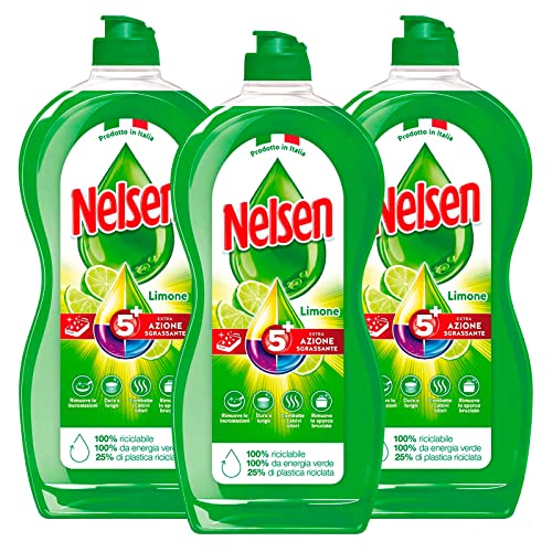 3x Nelsen Detersivo Liquido Sgrassante Profumo di Limone Sapone per Piatti 5 Azioni - Flacone da 900ml