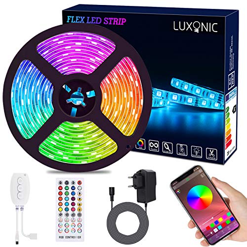 Striscia LED 5M Bluetooth, LUXONIC Strisce LED Flessibile 5050 RGB Impermeabile controllata da App e Telecomando, Luci LED adatto per TV, Camera da letto, Natale, Feste e Decorazioni per la casa