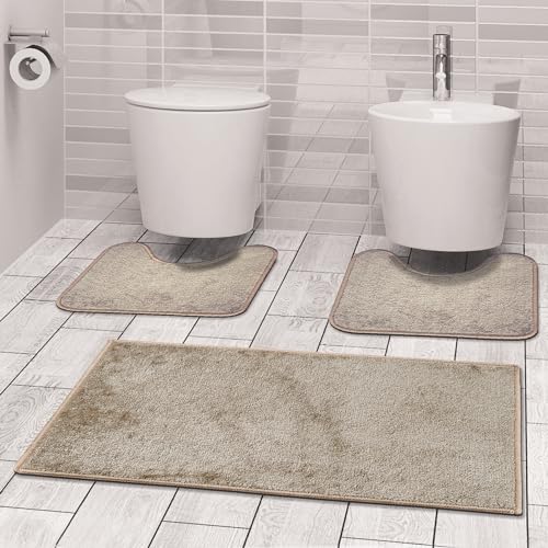 Comart, Tappeto Ocean da Bagno, Parure Set 3 Pezzi, Antiscivolo, Tinta Unita Colore Beige