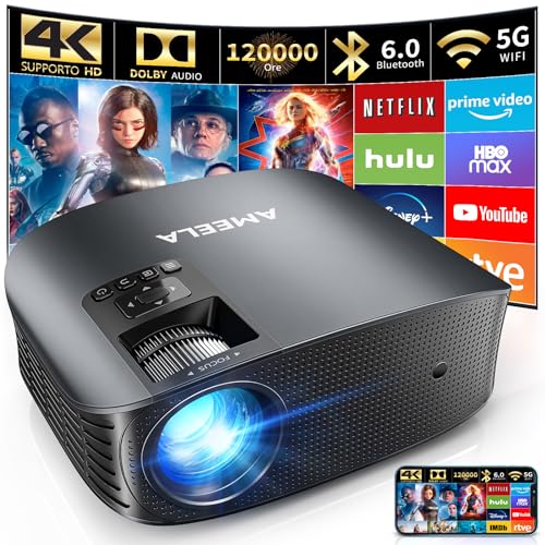 30000 lumens Proiettore 4K, AMEELA videoproiettore con WiFi e Bluetooth, Proiettori 1080P per Home Theater Dolby Audio, 50% Zoom/300' Display compatibile con Fire/TV Stick, Smartphone, PS5