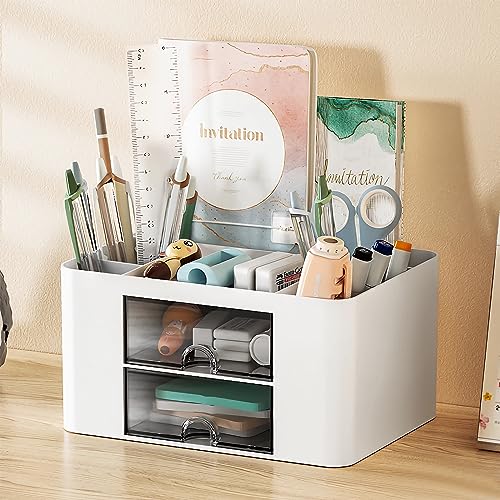 Glovios Organizer Scrivania con Cassetto, Portapenne da Scrivania Multifunzione, Organizer Cancelleria con 5 scomparti, Porta Oggetti Scrivania per Ufficio, Casa, Scuola (Bianco)