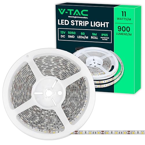 V-TAC Striscia Led da Esterno IP65 Impermeabile 11W - 5 Metri di Lunghezza - SMD 5050 Alta Luminosità - Strisce Led - Strip Adesiva e Copertura in Silicone - 12 Volt - Luce 4000K Bianco Naturale