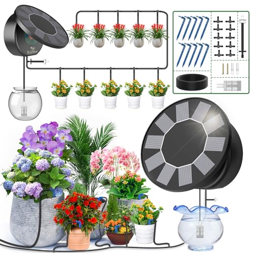 TRJZWA Kit di Irrigazione Automatica Solare per Vaso, Sistema di Irrigazione Automatico da Giardino, Sistema di Irrigazione Solare a Goccia con 9 Programmi di Irrigazione e 10m di Tubo di Irrigazione