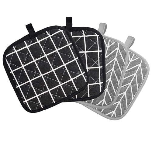 Presine da Cucina 4 Pezzi Presine in Cotone Resistenti al Calore Guanti da Forno Imbottito con Cotone Riciclato 18cm x 18cm per Cucinare e Cuocere (Grigio e Nero)