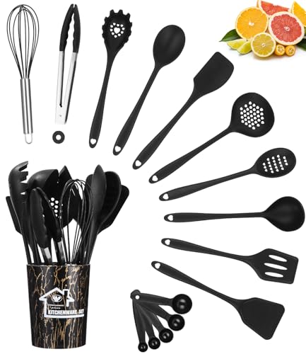 18 Pezzi Utensili Cucina Silicone, Antiaderente resistente al calore,Set di Utensili da Cucina in Silicone,Lavabile in lavastoviglie,Set Mestoli Cucina,Accessori Cucina con contenitore(Nero)