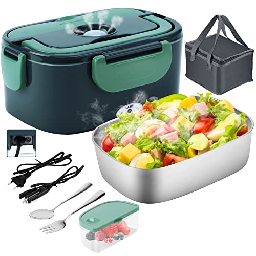 Gentre Lunch Box Elettrico Portatile Scaldavivande per Auto Camion e Ufficio 4 in 1 12V/24V/220V~240V 1.5L 60W Porta Pranzo in Acciaio Inox, Scomparti, Forchetta Cucchiaio e Borsa Per il Trasporto