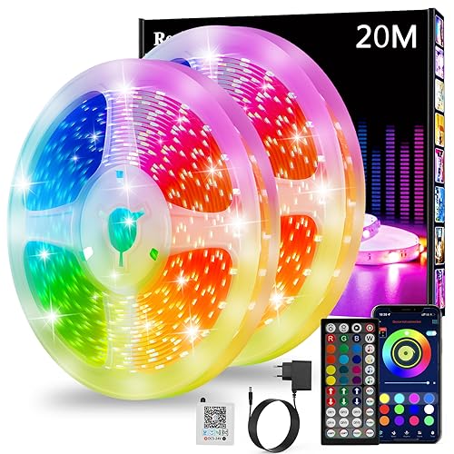 Realky Striscia LED 20M, Luci LED Cambia Colore, APP Bluetooth e Telecomando a 44 tasti, Sincronizzazione musica e timer, Decorazione strisce LED per camera da Letto, Feste (10M*2)