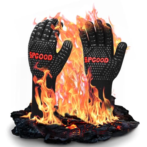 SPGOOD Guanti Barbecue,Guanti BBQ Resistenza al Calore Fino a 800°C,Guanti da Forno in Silicone Antiscivolo, Camino, Cottura al Forno, Cucina Nero(L/XXL)