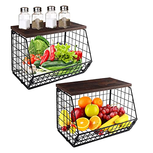 Cesti portaoggetti impilabili in metallo 2PCS Cesto in filo Cesto da Parete Nero con coperchio in legno Grande cesto metallo per cucina Snack, Frutta e Verdura Organizer da bagno in filo metallico