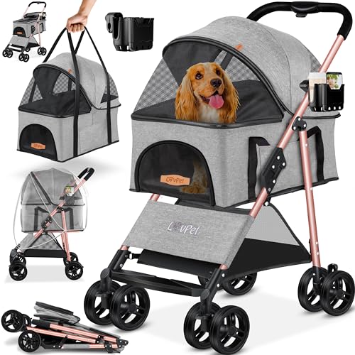 LOVPET® Passeggino per cani 2in1 - box per trasporto cani - borsa da trasporto per cani pieghevole fino a 20 kg - carrello per animali con finestre a rete e parapioggia I grigio chiaro