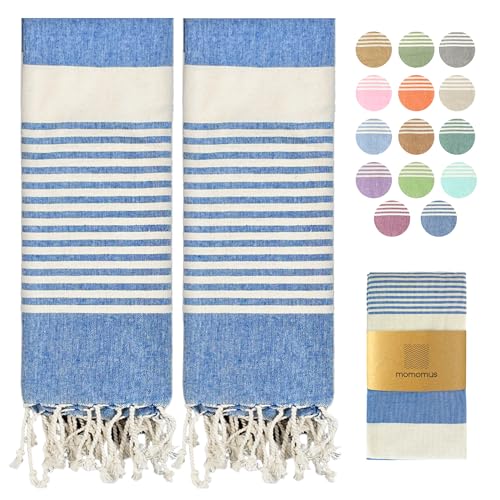 MOMOMUS Pack da 2 Foutas XL - 100% Cotone, Ultra Morbido, Assorbente - Pareo, Telo Mare Cotone Grande, Asciugamani Mare Grandi per Spiaggia, Sauna e Piscina - Blu, 90x180cm