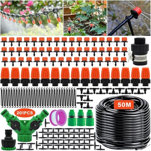 201 PCS Kit di Irrigazione a Goccia, 50M Sistema di Irrigazione Automatica per Serra, Giardino e Prato, Kit Microirrigazione Fai-da-Te con Spruzzatori Regolabili