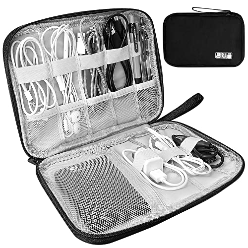 HCFGS Organizer Cavi, Borsa da Viaggio Custodia Cavi Resistente All'acqua Borsa da Piccoli con Braccialetto Pochette Antiurto per Cavi USB, Schede SD, Caricabatterie, Hard Disk (Nero)