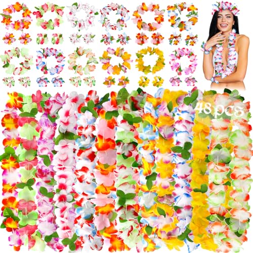 ZHHGOO 48Pcs Ghirlanda Hawaiana Collana,Collana con Fiore Hawaiano,Fasce e Bracciali,Ghirlande di Fiori Hawaiane,Ghirlande Hawaii Fiori per Tropicale Spiaggia a Tema Festa Decorazioni